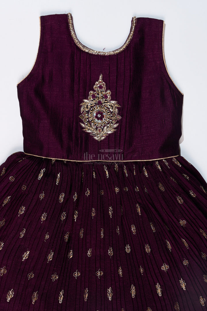 The Nesavu Girls Silk Gown Elegant Girls Wedding Wear Gown in Rich Blend Silk with Foil Prints and Intricate Embroidery Nesavu Nesavu Girls Wedding Wear Gown Blend Silk Foil Prints Embellished Yoke