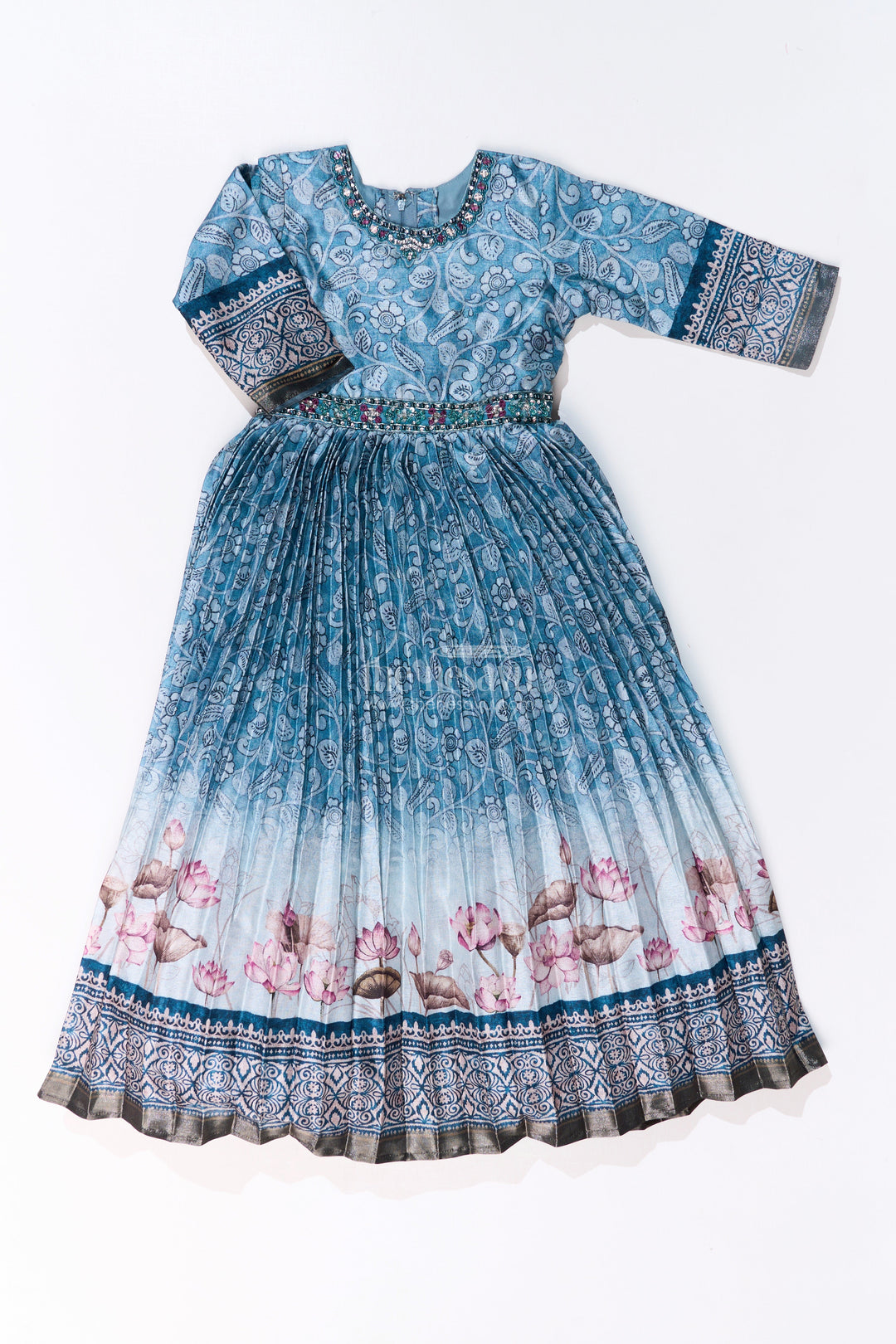 The Nesavu Girls Party Gown Elegant Glitter Gown for Girls with Pichwai Theme Semi Raw Silk and Floral Motifs Nesavu 24 (5Y) / Blue GA295A-24 Nesavu Elegant Glitter Gown Girls Pichwai Theme Semi Raw Silk Floral Motifs