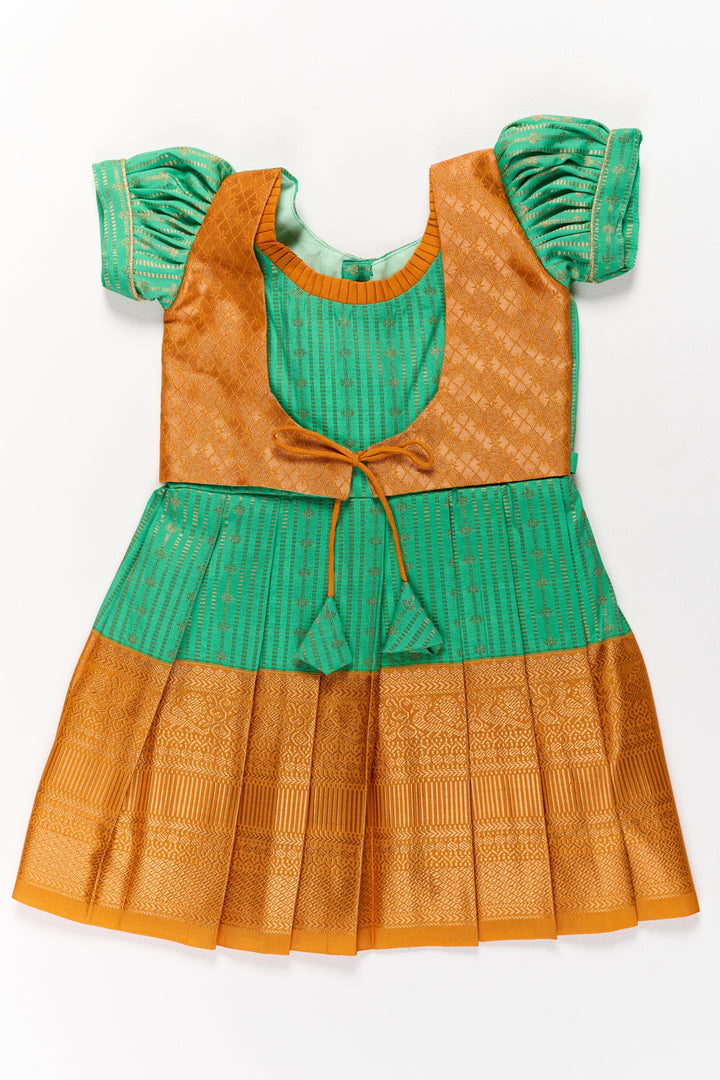 The Nesavu Girls Kanchi Silk Frock Elegant Green and Gold Pattu Full Frock for Girls with Traditional Zari Weaving Nesavu 16 (1Y) / Green / Style 1 SF820GA-16 Nesavu Elegant Green Gold Pattu Full Frock Girls Traditional Zari Weaving