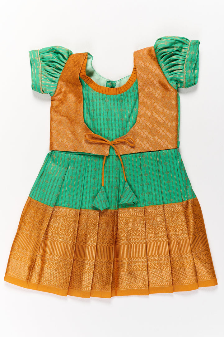 The Nesavu Girls Kanchi Silk Frock Elegant Green and Gold Pattu Full Frock for Girls with Traditional Zari Weaving Nesavu 16 (1Y) / Green / Style 1 SF820GA-16 Nesavu Elegant Green Gold Pattu Full Frock Girls Traditional Zari Weaving