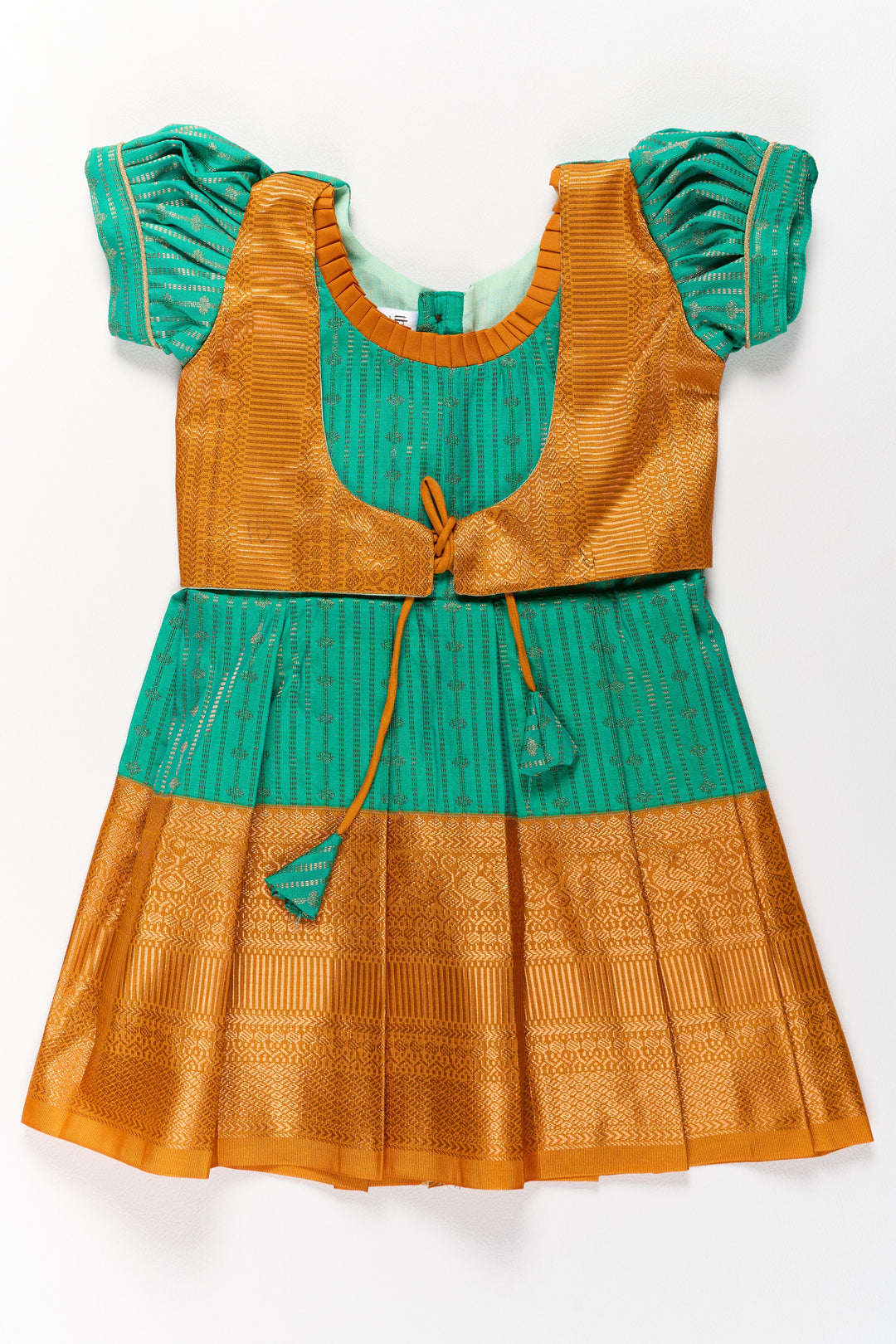 The Nesavu Girls Kanchi Silk Frock Elegant Green and Gold Pattu Full Frock for Girls with Traditional Zari Weaving Nesavu 16 (1Y) / Green / Style 3 SF820GC-16 Nesavu Elegant Green Gold Pattu Full Frock Girls Traditional Zari Weaving