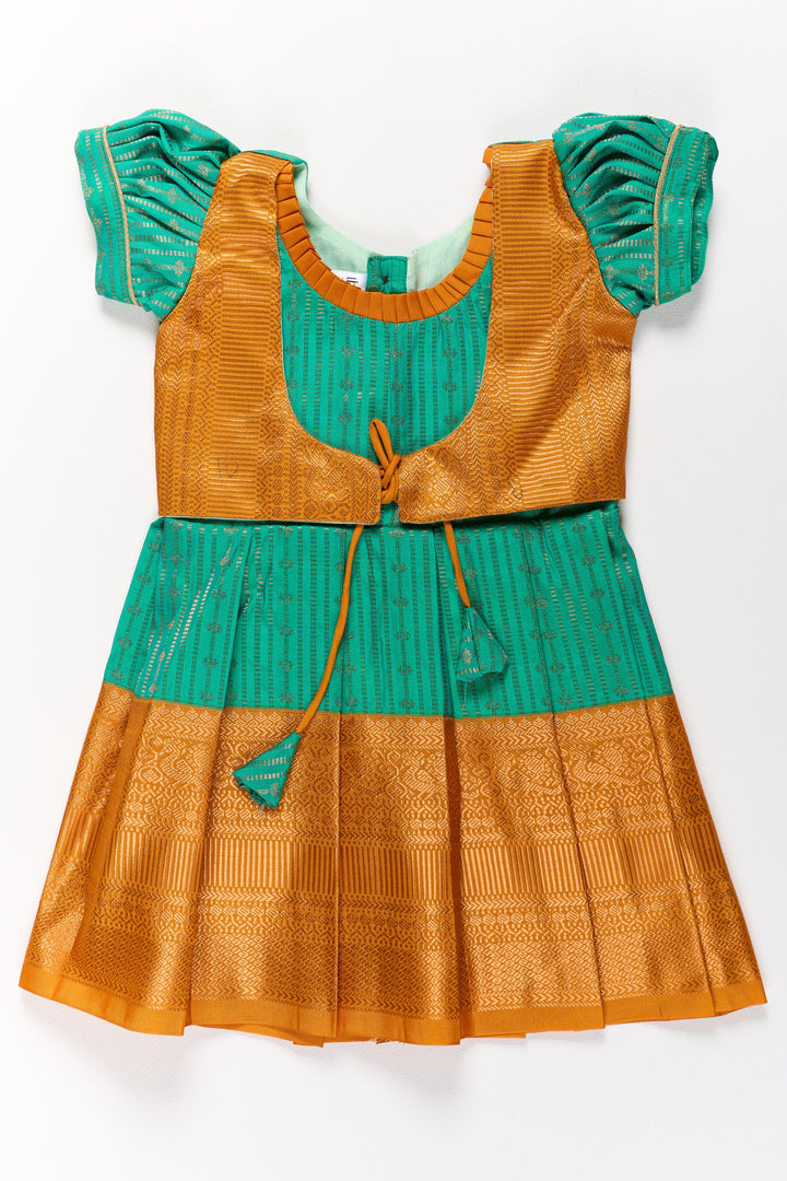 The Nesavu Girls Kanchi Silk Frock Elegant Green and Gold Pattu Full Frock for Girls with Traditional Zari Weaving Nesavu 16 (1Y) / Green / Style 3 SF820GC-16 Nesavu Elegant Green Gold Pattu Full Frock Girls Traditional Zari Weaving