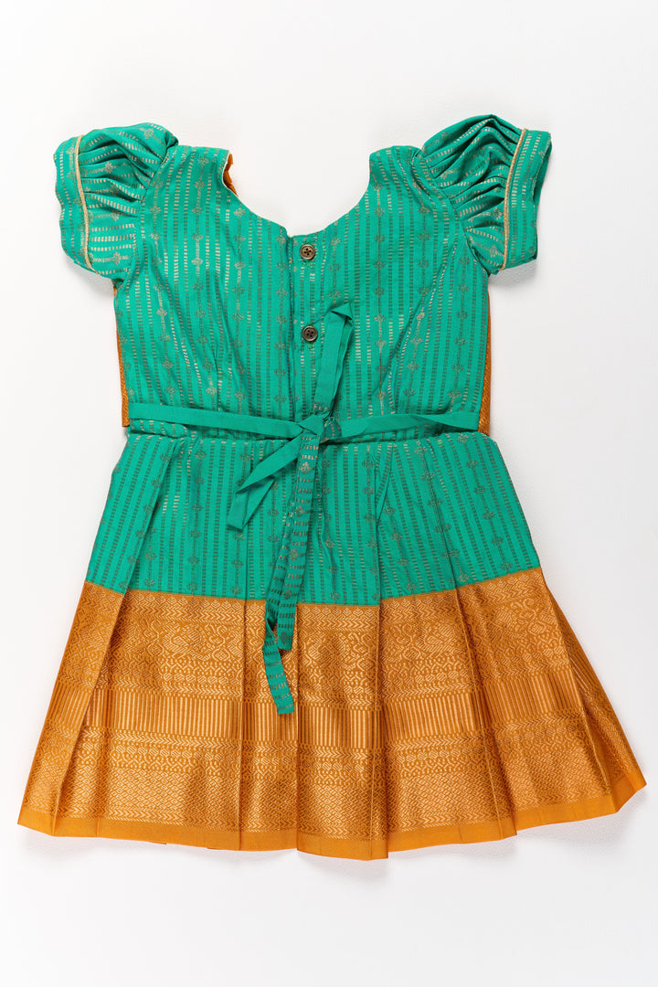 The Nesavu Girls Kanchi Silk Frock Elegant Green and Gold Pattu Full Frock for Girls with Traditional Zari Weaving Nesavu Nesavu Elegant Green Gold Pattu Full Frock Girls Traditional Zari Weaving