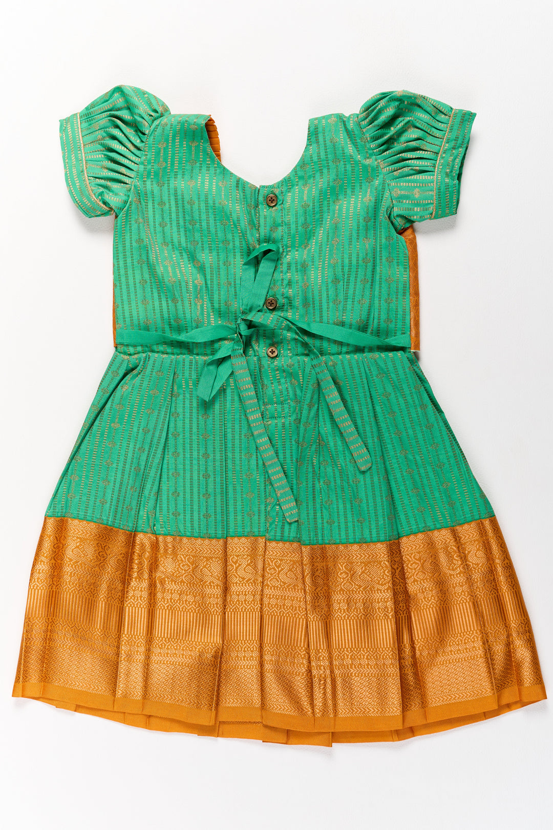 The Nesavu Girls Kanchi Silk Frock Elegant Green and Gold Pattu Full Frock for Girls with Traditional Zari Weaving Nesavu Nesavu Elegant Green Gold Pattu Full Frock Girls Traditional Zari Weaving
