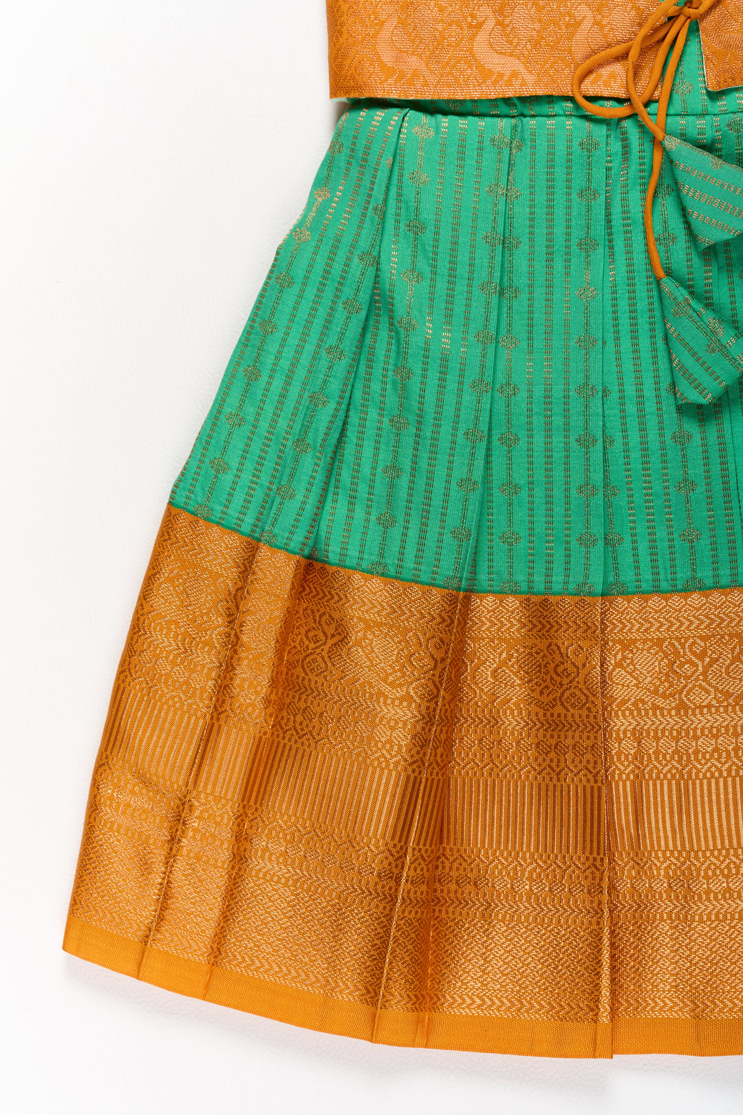 The Nesavu Girls Kanchi Silk Frock Elegant Green and Gold Pattu Full Frock for Girls with Traditional Zari Weaving Nesavu Nesavu Elegant Green Gold Pattu Full Frock Girls Traditional Zari Weaving