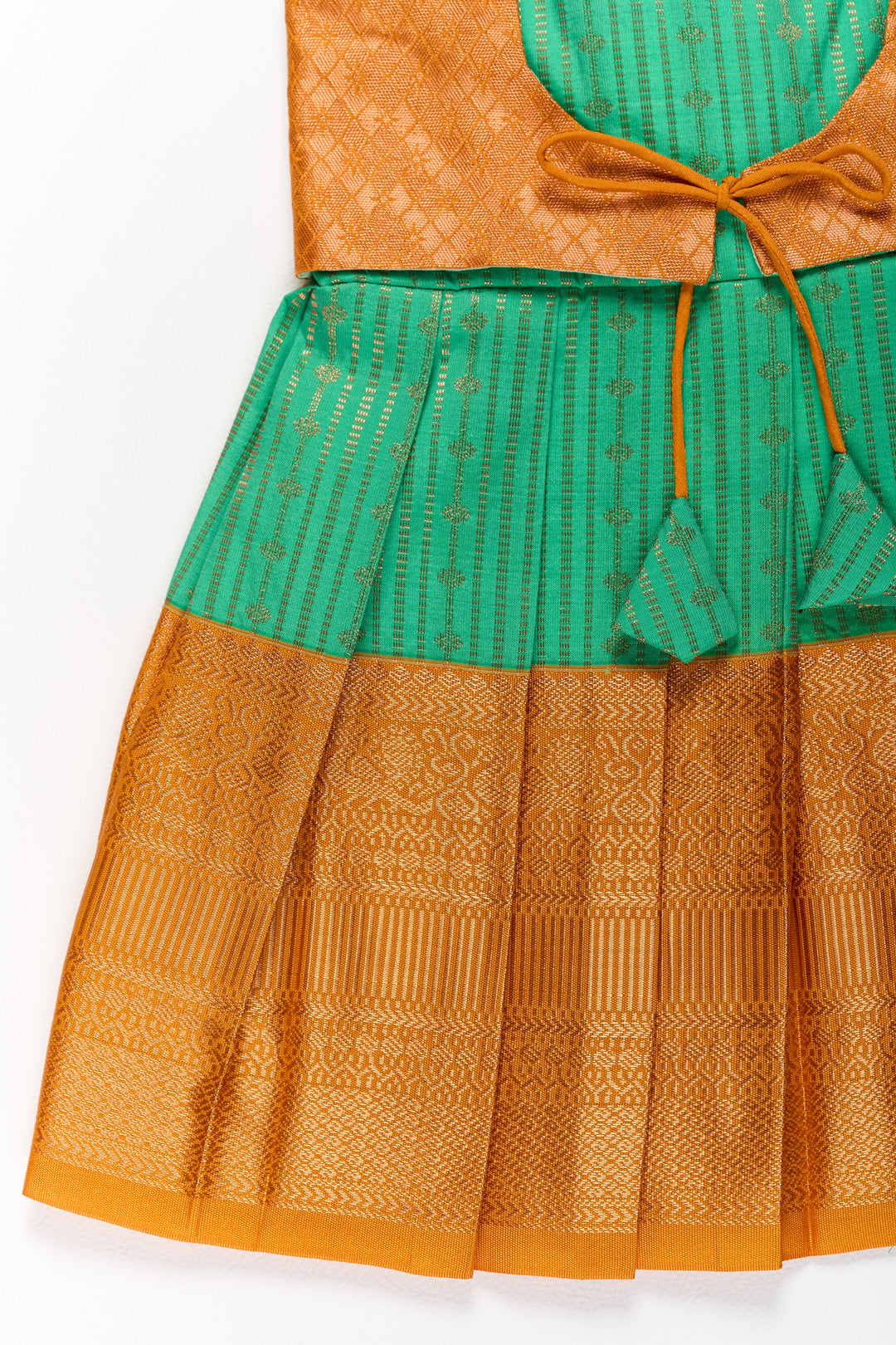 The Nesavu Girls Kanchi Silk Frock Elegant Green and Gold Pattu Full Frock for Girls with Traditional Zari Weaving Nesavu Nesavu Elegant Green Gold Pattu Full Frock Girls Traditional Zari Weaving
