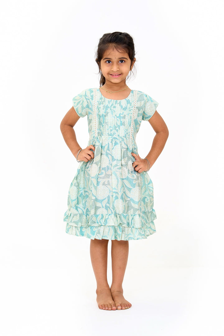 The Nesavu Girls Cotton Frock Elegant Green Cotton Designer Frock for Girls with Floral Prints and Frill Details Nesavu 16 (1Y) / Green GFC1594C-16 Nesavu Elegant Green Cotton Designer Frock Girls Floral Prints Frill Details