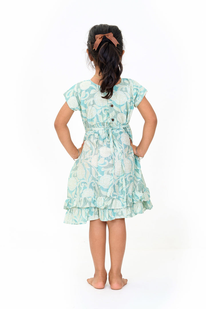 The Nesavu Girls Cotton Frock Elegant Green Cotton Designer Frock for Girls with Floral Prints and Frill Details Nesavu Nesavu Elegant Green Cotton Designer Frock Girls Floral Prints Frill Details