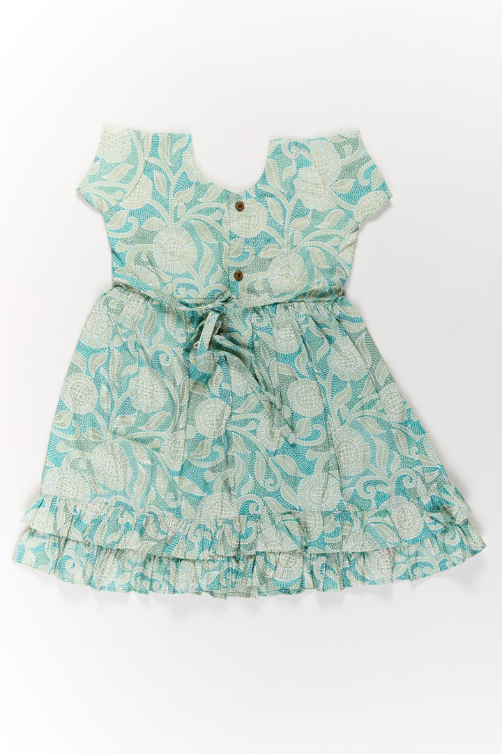 The Nesavu Girls Cotton Frock Elegant Green Cotton Designer Frock for Girls with Floral Prints and Frill Details Nesavu Nesavu Elegant Green Cotton Designer Frock Girls Floral Prints Frill Details