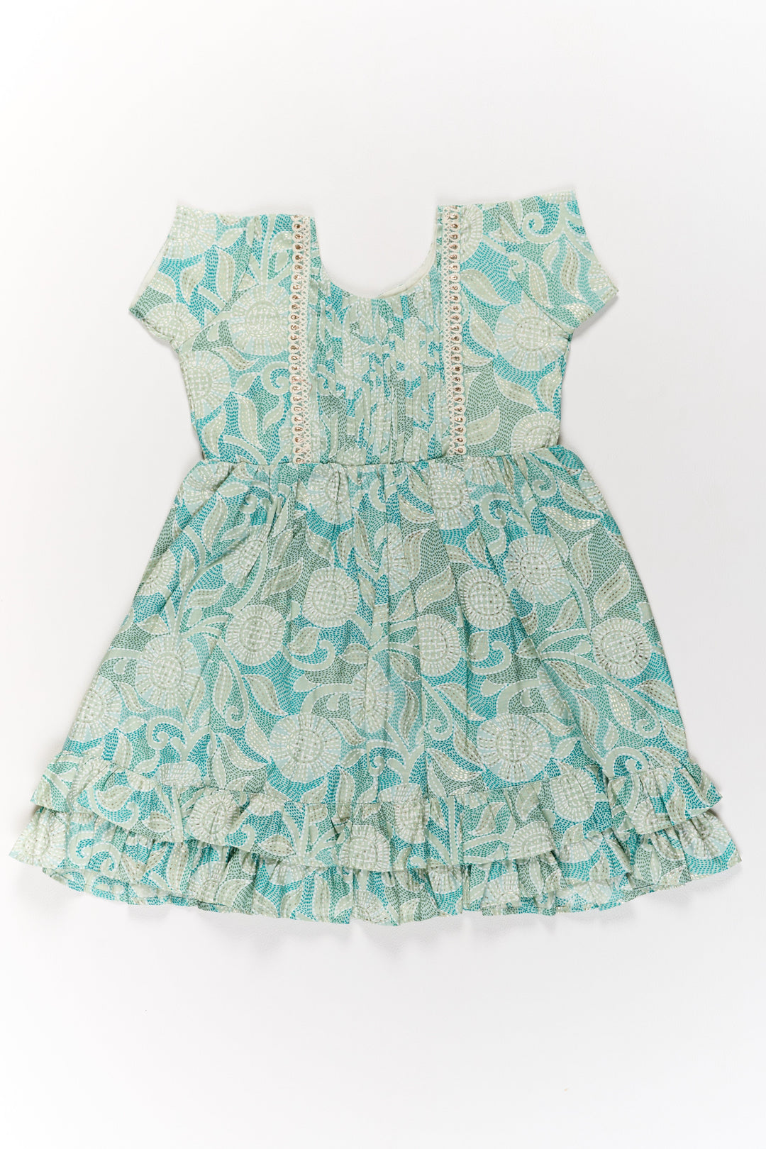The Nesavu Girls Cotton Frock Elegant Green Cotton Designer Frock for Girls with Floral Prints and Frill Details Nesavu Nesavu Elegant Green Cotton Designer Frock Girls Floral Prints Frill Details