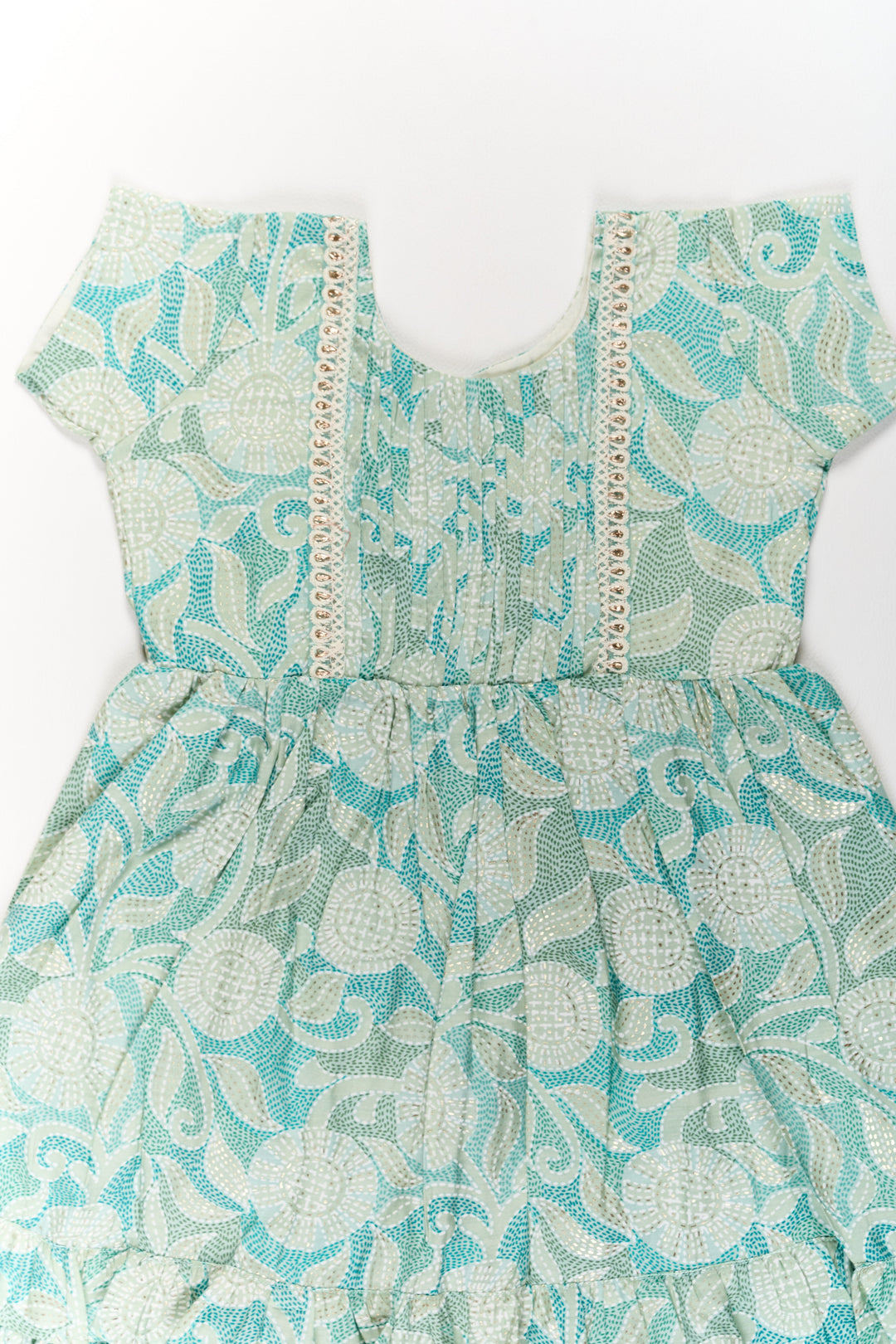 The Nesavu Girls Cotton Frock Elegant Green Cotton Designer Frock for Girls with Floral Prints and Frill Details Nesavu Nesavu Elegant Green Cotton Designer Frock Girls Floral Prints Frill Details