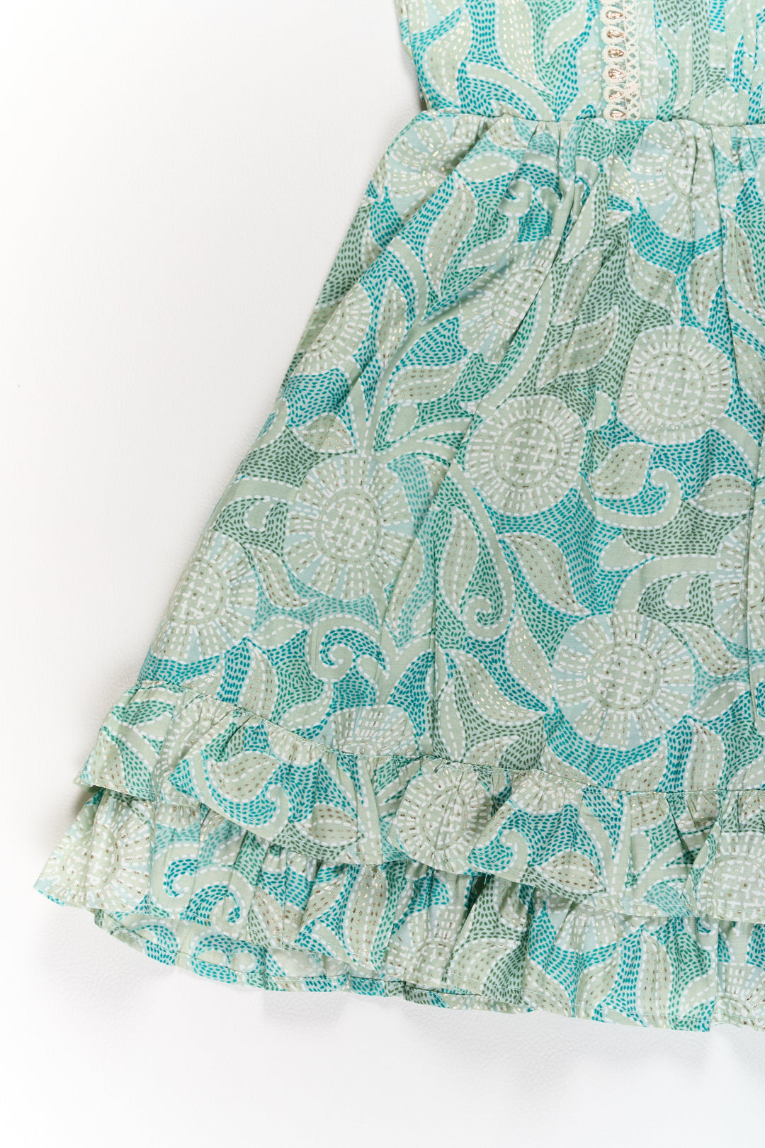 The Nesavu Girls Cotton Frock Elegant Green Cotton Designer Frock for Girls with Floral Prints and Frill Details Nesavu Nesavu Elegant Green Cotton Designer Frock Girls Floral Prints Frill Details