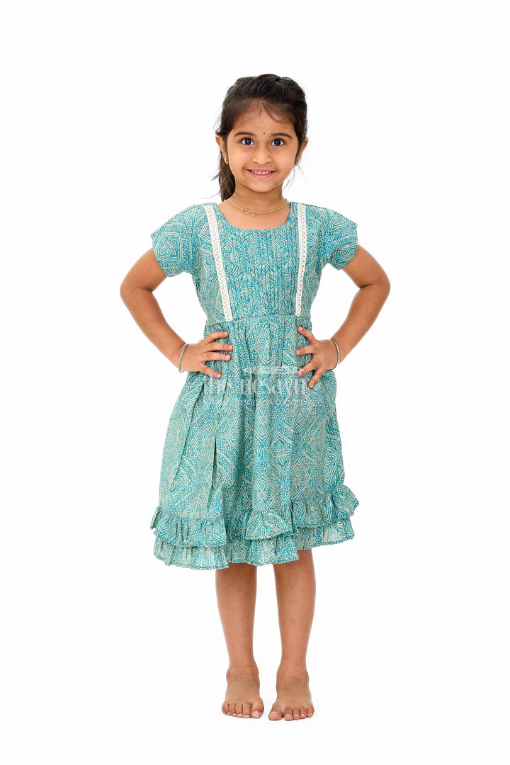 The Nesavu Girls Cotton Frock Elegant Green Cotton Girls Frock with Floral Print and Lace Detailing for Casual Wear Nesavu 16 (1Y) / Green GFC1595B-16 Nesavu Elegant Green Cotton Girls Frock Floral Print Lace Detailing Casual Wear