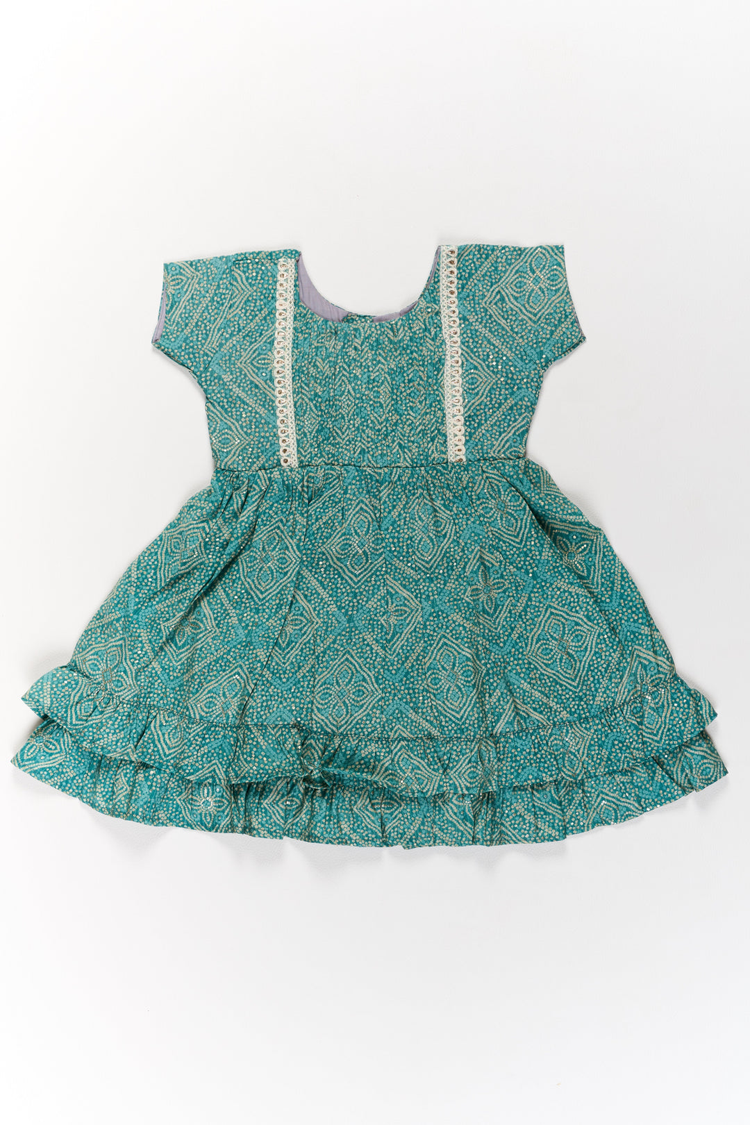 The Nesavu Girls Cotton Frock Elegant Green Cotton Girls Frock with Floral Print and Lace Detailing for Casual Wear Nesavu Nesavu Elegant Green Cotton Girls Frock Floral Print Lace Detailing Casual Wear