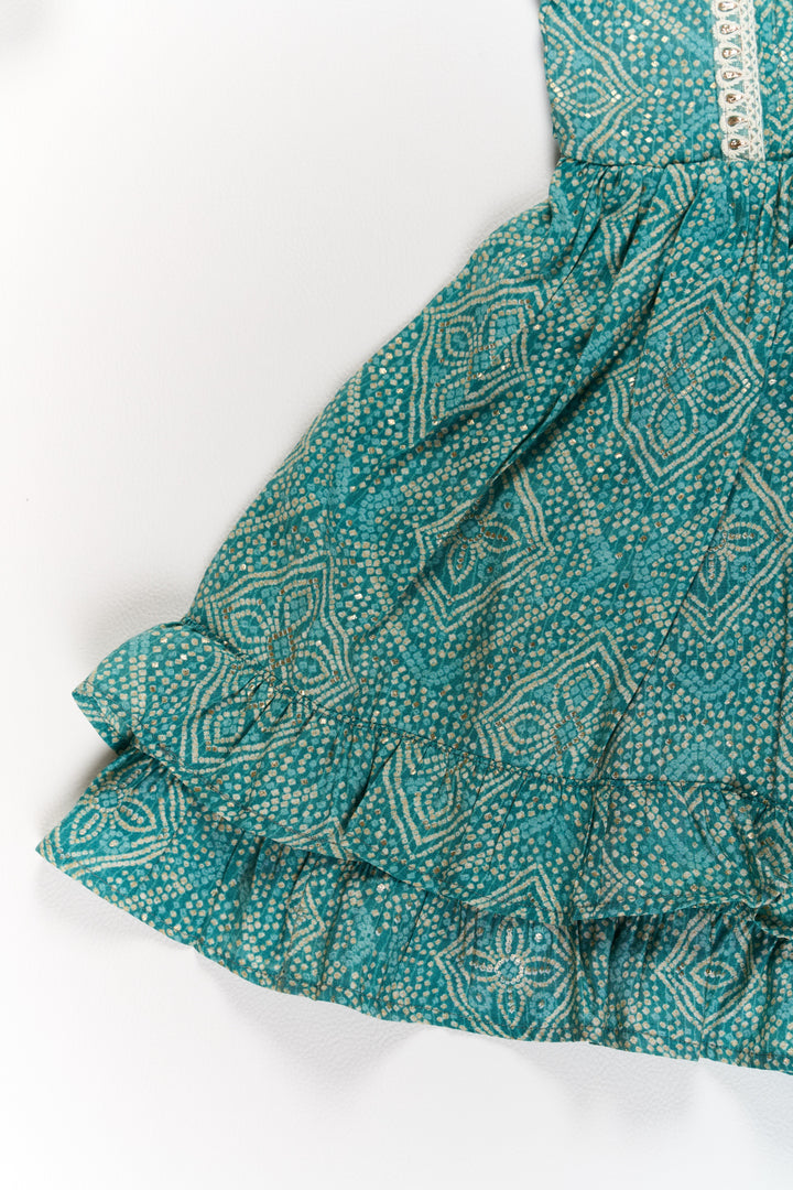 The Nesavu Girls Cotton Frock Elegant Green Cotton Girls Frock with Floral Print and Lace Detailing for Casual Wear Nesavu Nesavu Elegant Green Cotton Girls Frock Floral Print Lace Detailing Casual Wear