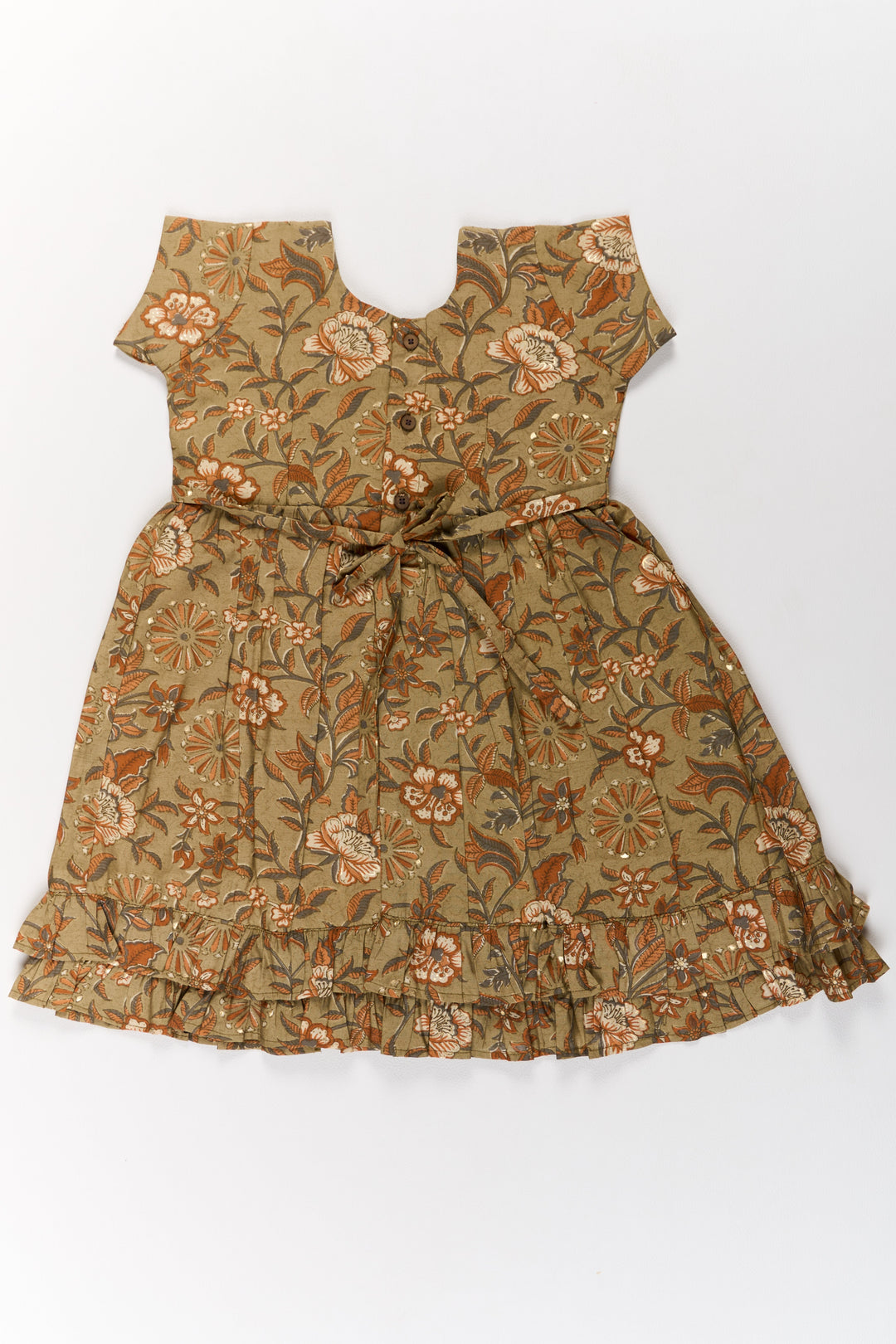 The Nesavu Girls Cotton Frock Elegant Green Cotton Party Wear Frock for Girls with Floral Prints and Ruffle Hem Nesavu Nesavu Elegant Green Cotton Party Wear Frock Girls Floral Prints Ruffle Hem