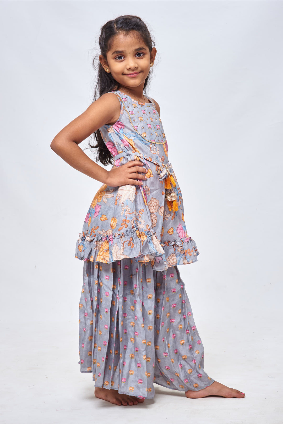 The Nesavu Girls Sharara / Plazo Set Elegant Grey Floral Flared Kurti & Pleated Palazzo: Timeless Ensemble for Stylish Girls- Latest New Diwali Collections Nesavu Girls Festive Wear Kurti and Palazzo | Diwali New Collections 2023 | The Nesavu