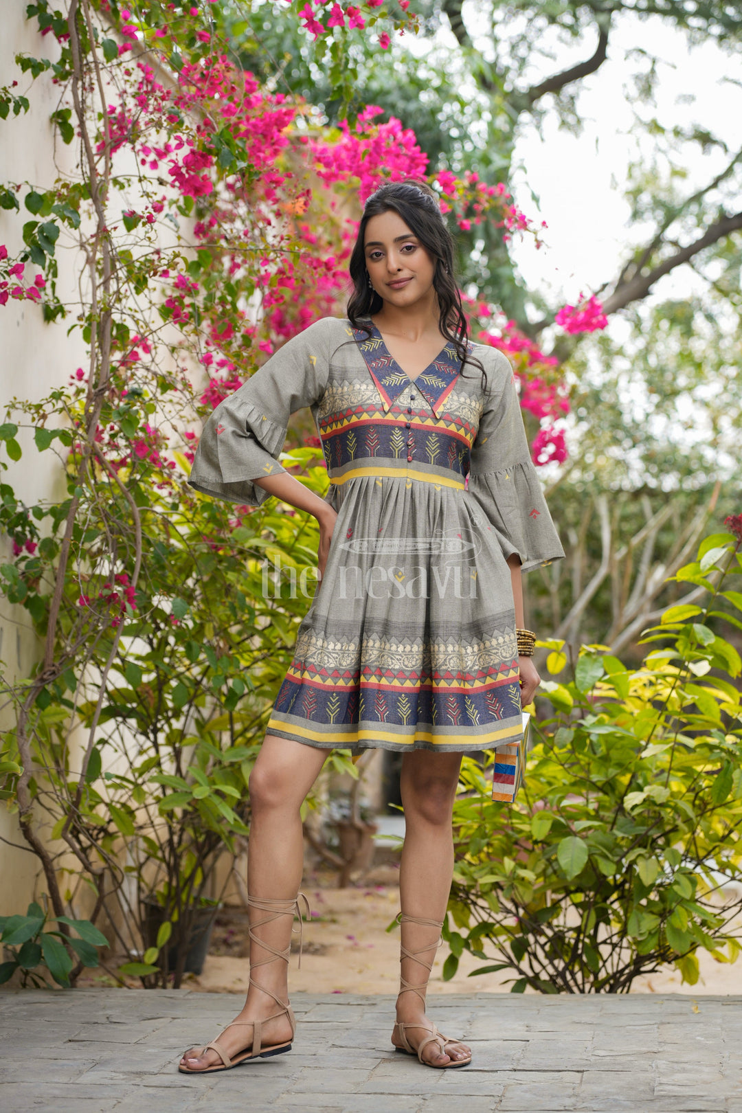 The Nesavu Womens Flared Kurthas Elegant Grey Party Wear Frocks for Ladies with Colorful Embroidery and Flared Design Nesavu 36 (S) / Gray WT041B-36 Nesavu Grey Georgette Party Wear Frocks Ladies Colorful Embroidery Flared Style