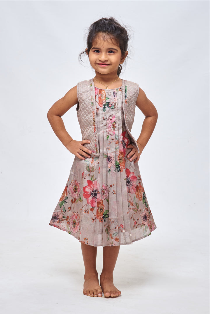 The Nesavu Girls Cotton Frock Elegant Grey: Zari Embroidered Grey Cotton Frock with Attached Overcoat for Girls Nesavu 22 (4Y) / Gray / Silk Blend GFC1158B-22 Baby Girl Designer Dress Collection | Casual Cotton Frocks | The Nesavu