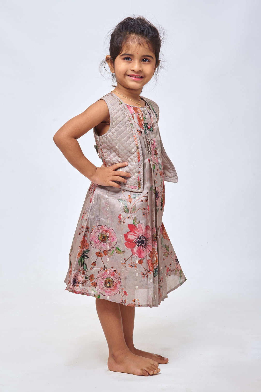 The Nesavu Girls Cotton Frock Elegant Grey: Zari Embroidered Grey Cotton Frock with Attached Overcoat for Girls Nesavu Baby Girl Designer Dress Collection | Casual Cotton Frocks | The Nesavu