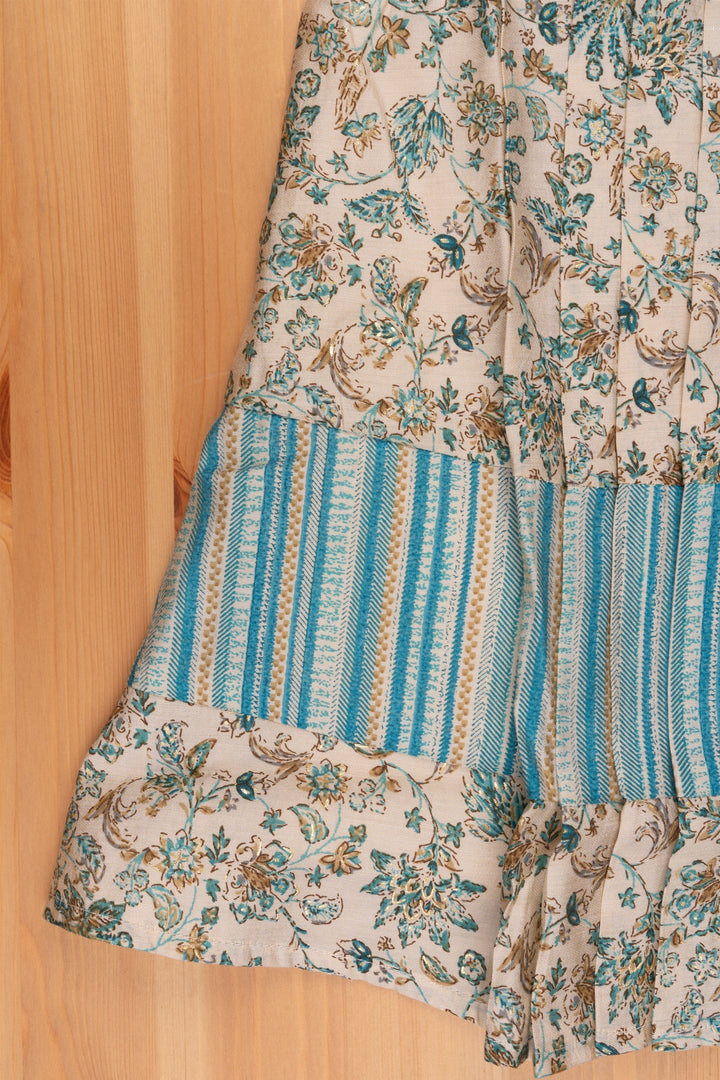 The Nesavu Girls Cotton Frock Elegant Half White Floral Pleated Frock with Blue Overcoat - Girls Stylish Dress Nesavu Summer Wear Cotton Frocks | Simple Frock Cotton | The Nesavu