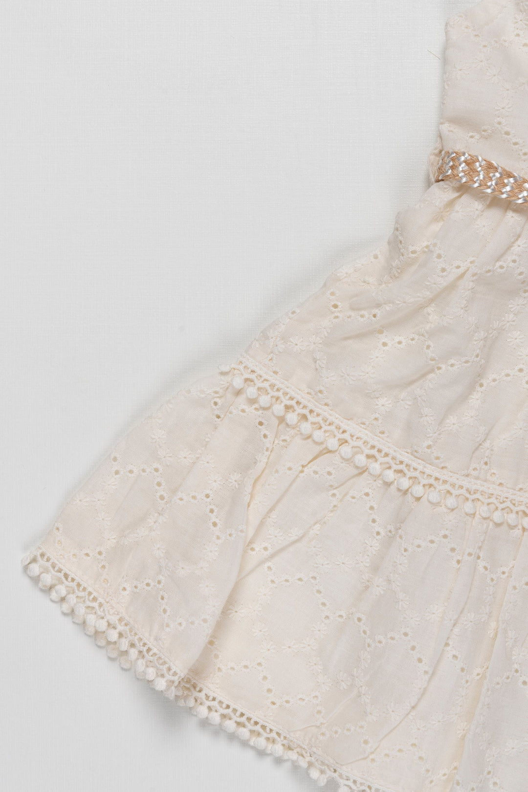 The Nesavu Baby Cotton Frocks Elegant Ivory Eyelet Baby Frock with Glimmering Waistband - Timeless Elegance Nesavu Ivory Eyelet Lace Frock for Baby Girls | Perfect for Celebratory Occasions | The Nesavu