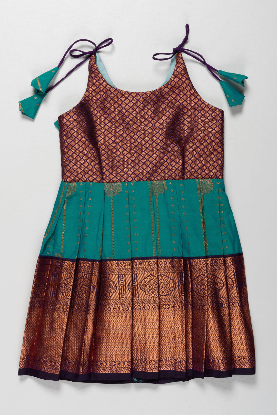The Nesavu Tie-up Frock Elegant Knot-Tied Silk Frock for Girls - Ideal for Aksharabhyasam and Vidyarambham Nesavu 14 (6M) / Green / Style 1 T380A-14 Shop Girls Elegant Silk Frock with Adjustable Knot Ties | The Nesavu
