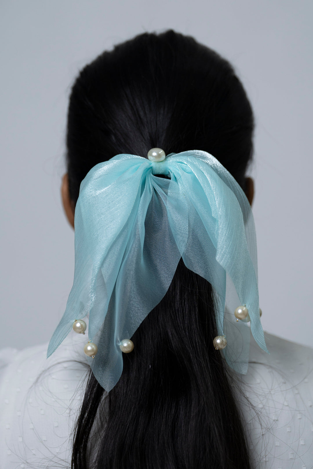 The Nesavu Scrunchies / Rubber Band Elegant Light Blue Organza Pearl Hairband Nesavu Blue JHS25A Light Blue Organza Hairband with Pearls | Feminine and Elegant Hair Accessory | The Nesavu