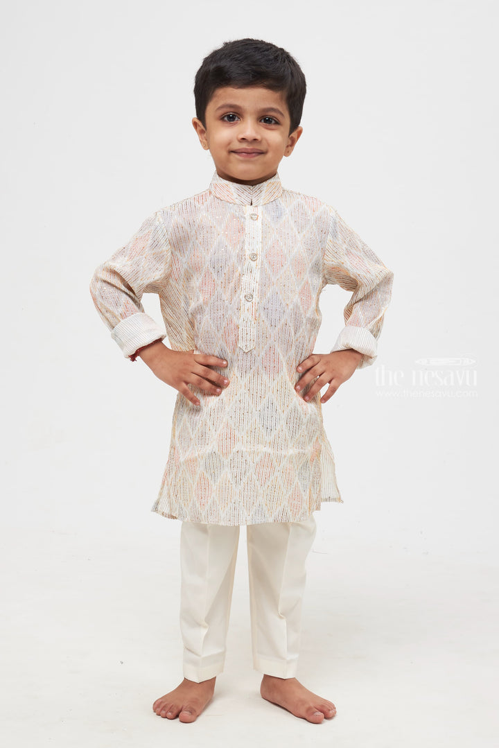 The Nesavu Boys Kurtha Set Elegant Luminance: Boys' Shimmering Diamond-Patterned Shirt with Classic White Trousers Nesavu 14 (6M) / Beige / Georgette BES416A-14 Culturally Rich & Modern | Boys Kurta and Pant Ensemble | The Nesavu