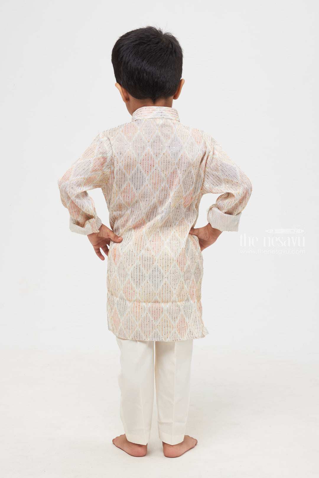 The Nesavu Boys Kurtha Set Elegant Luminance: Boys' Shimmering Diamond-Patterned Shirt with Classic White Trousers Nesavu Culturally Rich & Modern | Boys Kurta and Pant Ensemble | The Nesavu