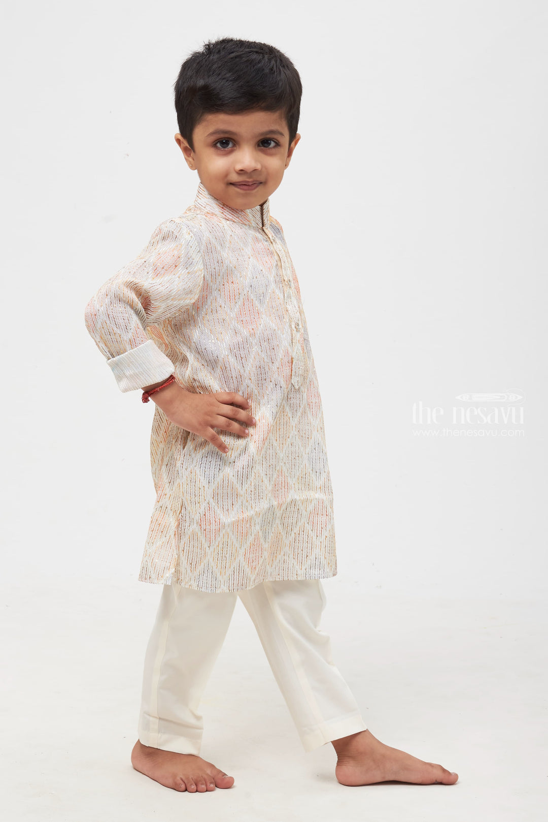 The Nesavu Boys Kurtha Set Elegant Luminance: Boys' Shimmering Diamond-Patterned Shirt with Classic White Trousers Nesavu Culturally Rich & Modern | Boys Kurta and Pant Ensemble | The Nesavu