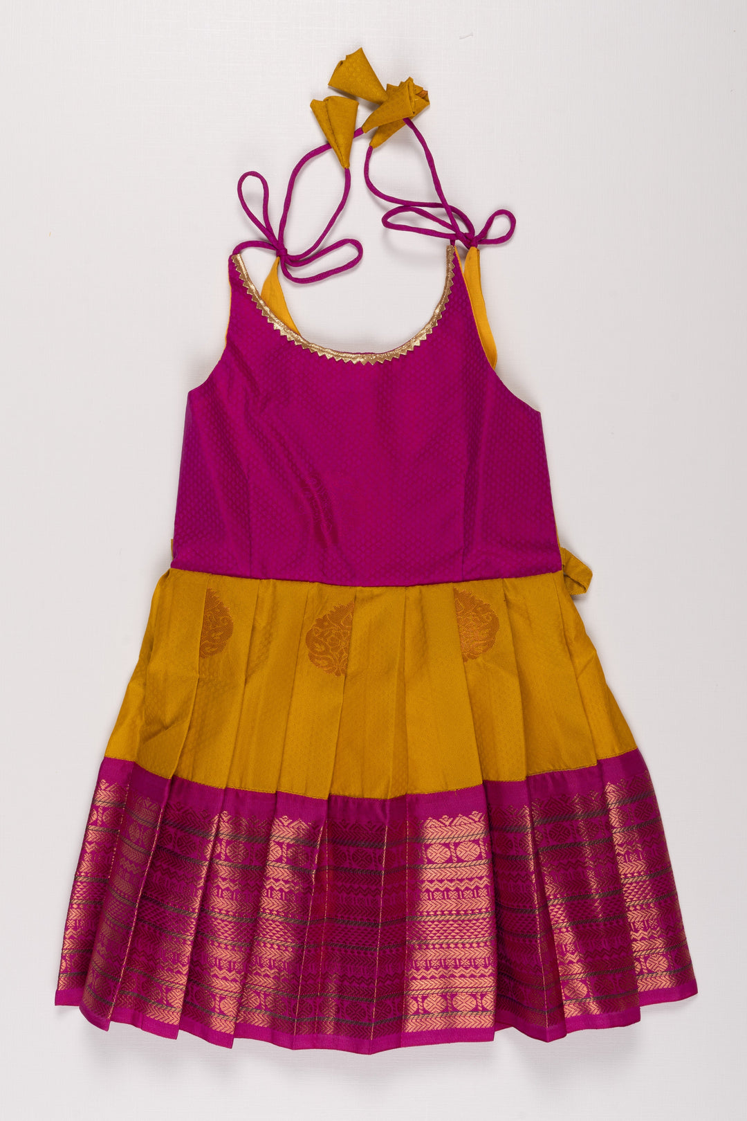 The Nesavu Tie Up Frock Elegant Magenta and Yellow Silk Blend TieUp Frock with Intricate Gold Border Detailing Nesavu 16 (1Y) / Yellow / Style 3 T338C-16 Magenta and Yellow Silk Frock | Ethnic Party Dress with Gold Detailing | The Nesavu