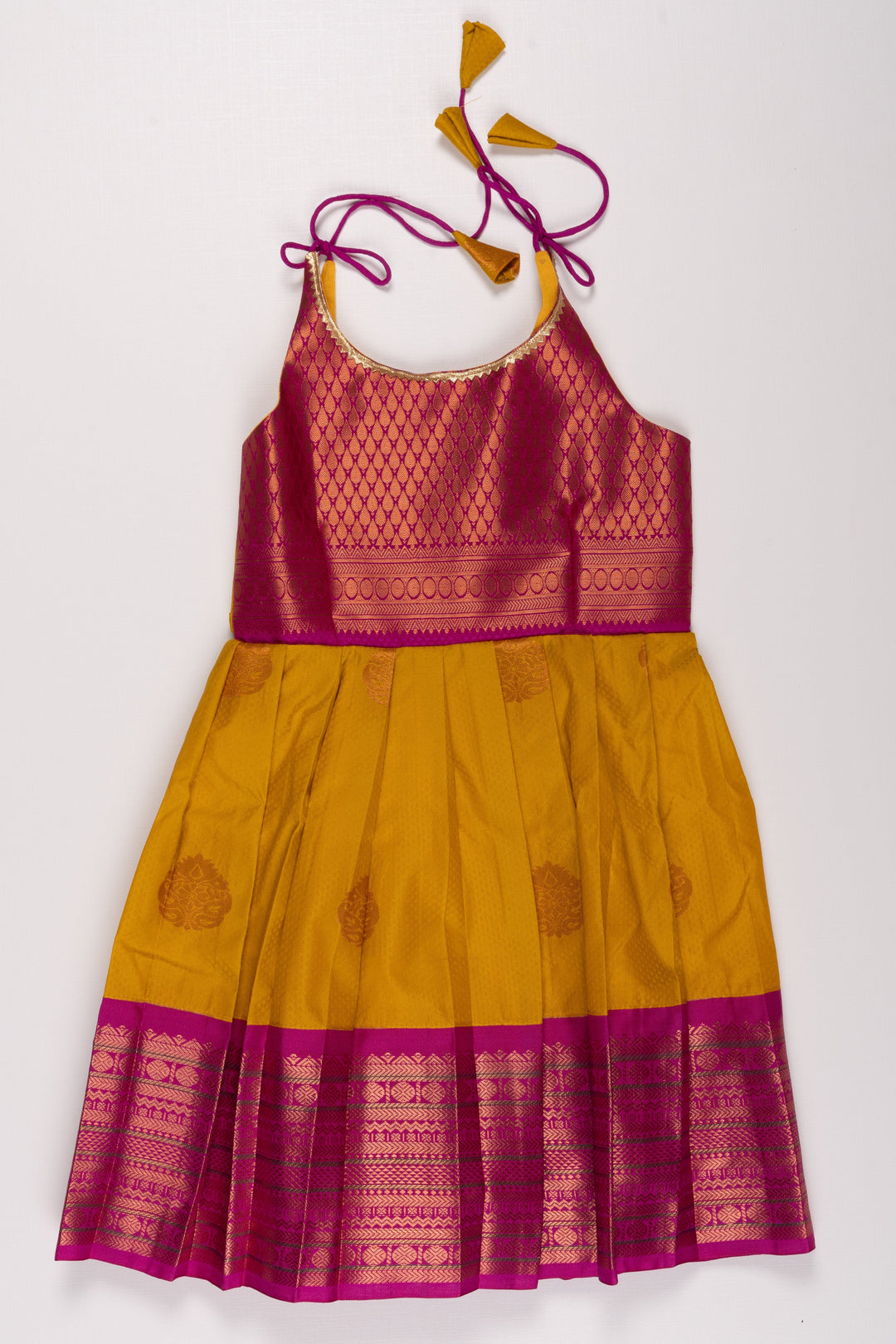 The Nesavu Tie Up Frock Elegant Magenta and Yellow Silk Blend TieUp Frock with Intricate Gold Border Detailing Nesavu 20 (3Y) / Yellow / Style 2 T338B-20 Magenta and Yellow Silk Frock | Ethnic Party Dress with Gold Detailing | The Nesavu