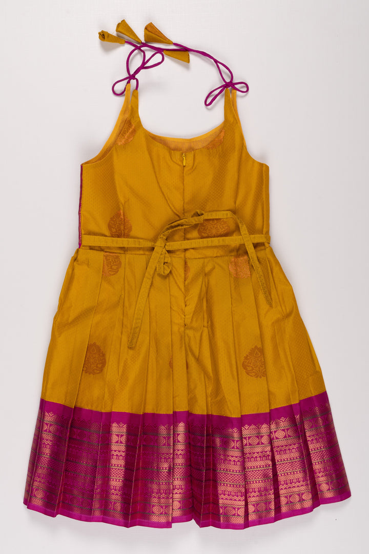 The Nesavu Tie Up Frock Elegant Magenta and Yellow Silk Blend TieUp Frock with Intricate Gold Border Detailing Nesavu Magenta and Yellow Silk Frock | Ethnic Party Dress with Gold Detailing | The Nesavu
