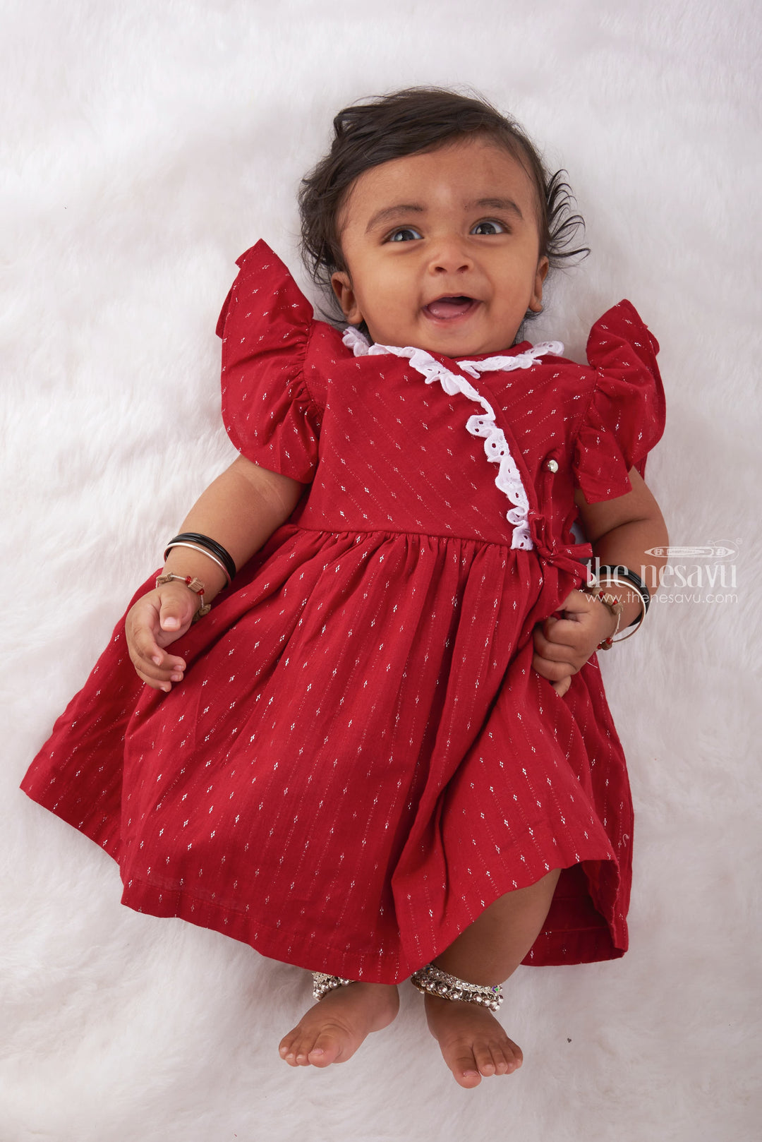 The Nesavu Baby Cotton Frocks Elegant Maroon Baby Dress with White Lace Neckline- Vintage-Inspired Elegance Nesavu 14 (6M) / Maroon / Cotton BFJ480A-14 Embrace Childhood Elegance | Classic Baby Frocks Selection | The Nesavu