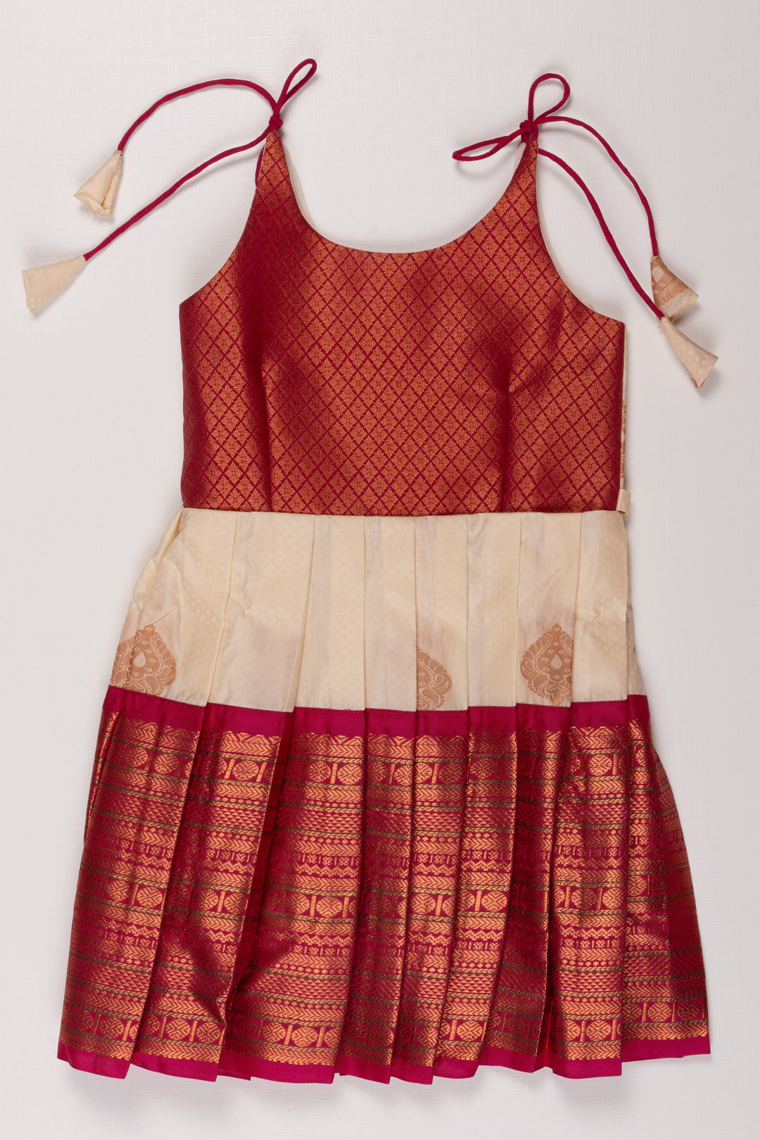 The Nesavu Tie Up Frock Elegant Maroon & Cream Silk Blend Frock with Golden Accents for Girls Nesavu 18 (2Y) / White / Style 1 T339A-18 Girls' Maroon & Cream Silk Party Frock with Golden Print | Festive Wear for Kids | The Nesavu
