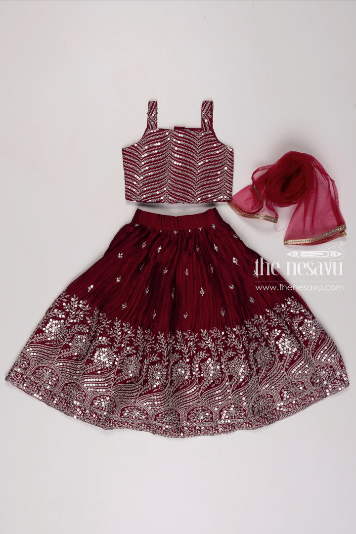 The Nesavu Girls Lehenga Choli Elegant Maroon Sequined Crop Top with Lehenga Choli and Dupatta Set for Girls Nesavu 16 (1Y) / Maroon GL375C-16 Maroon Sequined Girls Crop Top Lehenga Set | Traditional Embroidered Festive Wear | The Nesavu