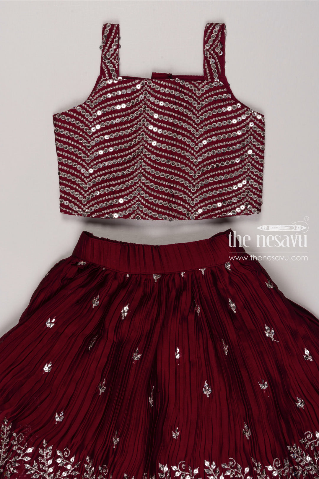 The Nesavu Girls Lehenga Choli Elegant Maroon Sequined Crop Top with Lehenga Choli and Dupatta Set for Girls Nesavu Maroon Sequined Girls Crop Top Lehenga Set | Traditional Embroidered Festive Wear | The Nesavu