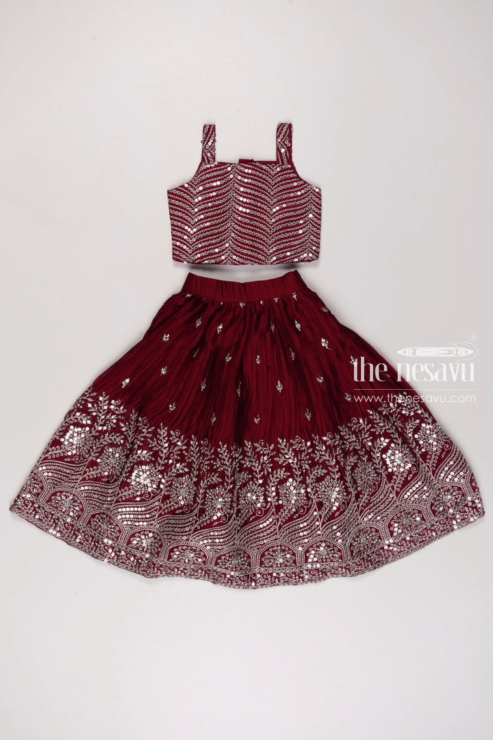 The Nesavu Girls Lehenga Choli Elegant Maroon Sequined Crop Top with Lehenga Choli and Dupatta Set for Girls Nesavu Maroon Sequined Girls Crop Top Lehenga Set | Traditional Embroidered Festive Wear | The Nesavu