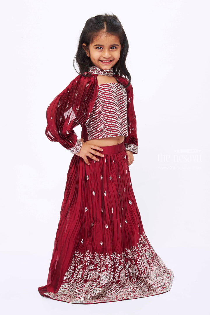 The Nesavu Girls Lehenga Choli Elegant Maroon Sequined Crop Top with Lehenga Choli and Dupatta Set for Girls Nesavu Maroon Sequined Girls Crop Top Lehenga Set | Traditional Embroidered Festive Wear | The Nesavu