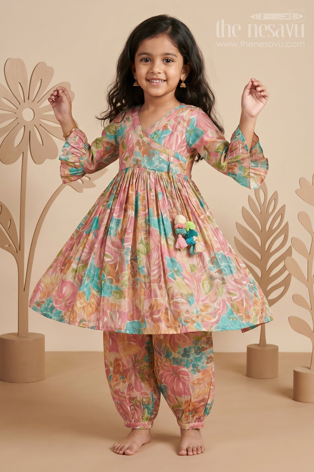 The Nesavu Girls Sharara / Plazo Set Elegant Modal Silk Ethnic Co-Ord Set for Girls with Vibrant Floral Print Nesavu 24 (5Y) / Multicolor GPS361A-24 Elegant Modal Silk Ethnic Co-Ord Set for Girls with Vibrant Floral Print