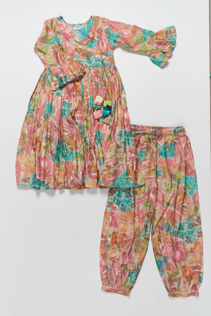 The Nesavu Girls Sharara / Plazo Set Elegant Modal Silk Ethnic Co-ord Set for Girls with Vibrant Floral Print Nesavu 24 (5Y) / Multicolor GPS361A-24 Elegant Modal Silk Ethnic Co-ord Set for Girls with Vibrant Floral Print