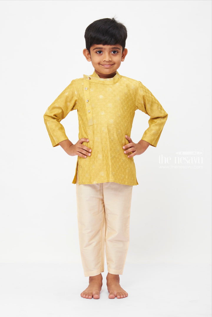 The Nesavu Boys Kurtha Set Elegant Mustard Yellow Kurta with Off-White Pant for Boys - Traditional Festive Wear Nesavu 14 (6M) / Yellow / Silk BES471A-14 Golden Glow Traditional Kurta Set for Children | Shimmering Festive Fashion | The Nesavu