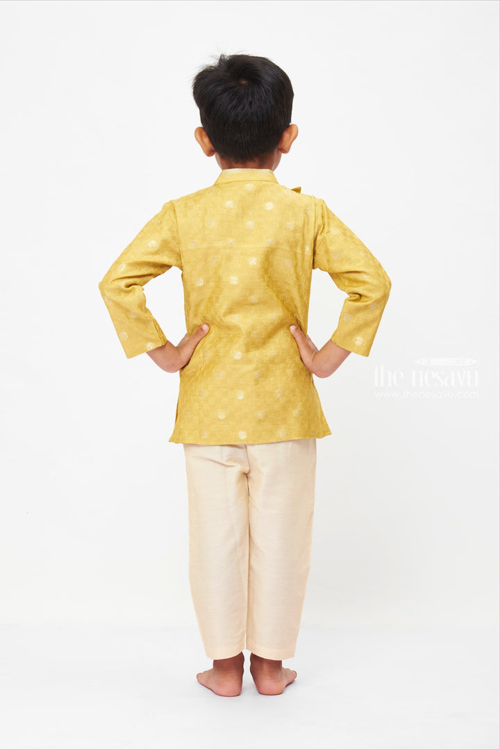 The Nesavu Boys Kurtha Set Elegant Mustard Yellow Kurta with Off-White Pant for Boys - Traditional Festive Wear Nesavu Golden Glow Traditional Kurta Set for Children | Shimmering Festive Fashion | The Nesavu