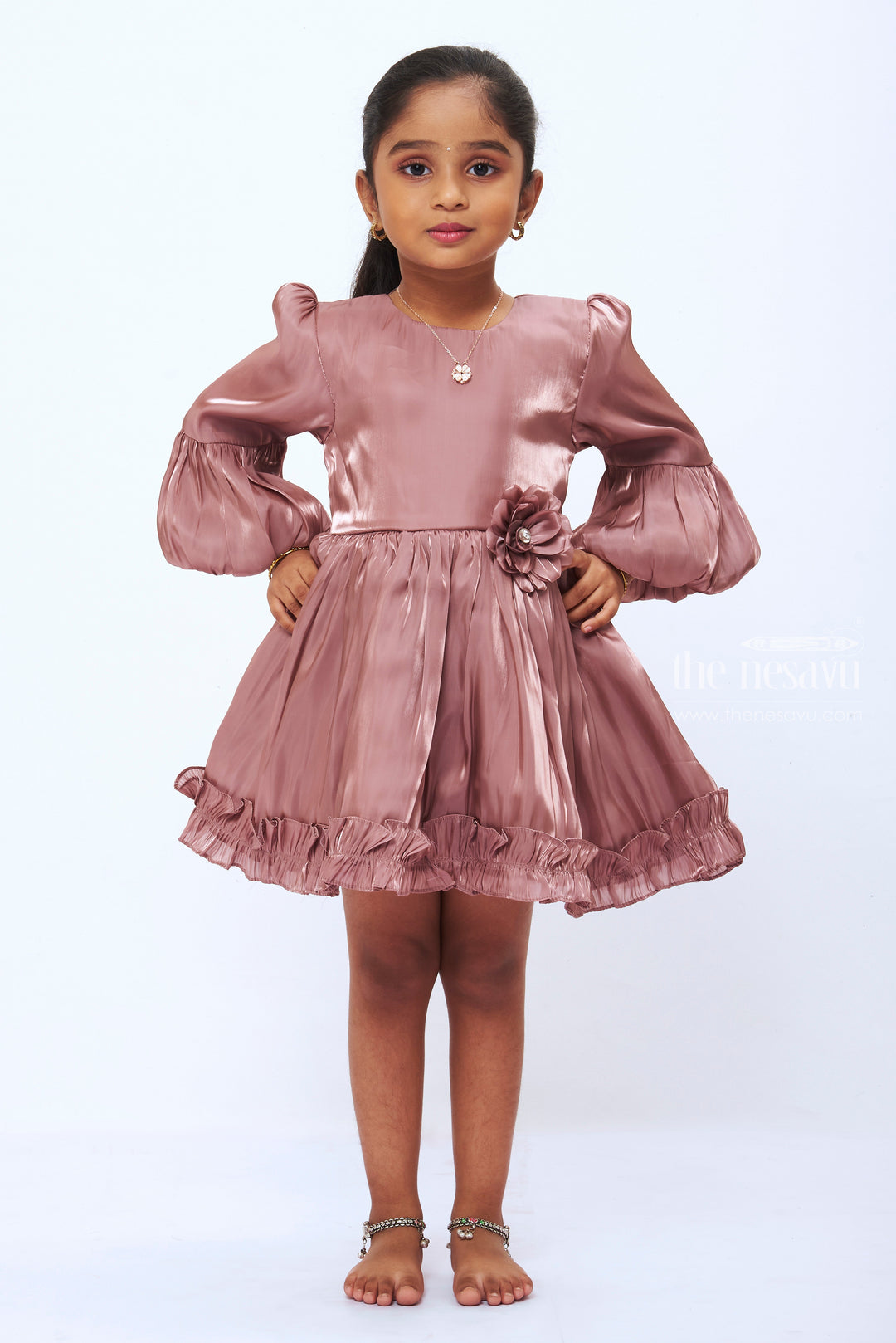The Nesavu Baby Fancy Frock Elegant Newborn Designer Dress  Infant Baby Frock for Girls with Ruffle Detailing Nesavu 14 (6M) / Brown / Organza BFJ476D-14 Infant Party Dresses | Newborn Casual Wear | Best Newborn Clothes Online | The Nesavu