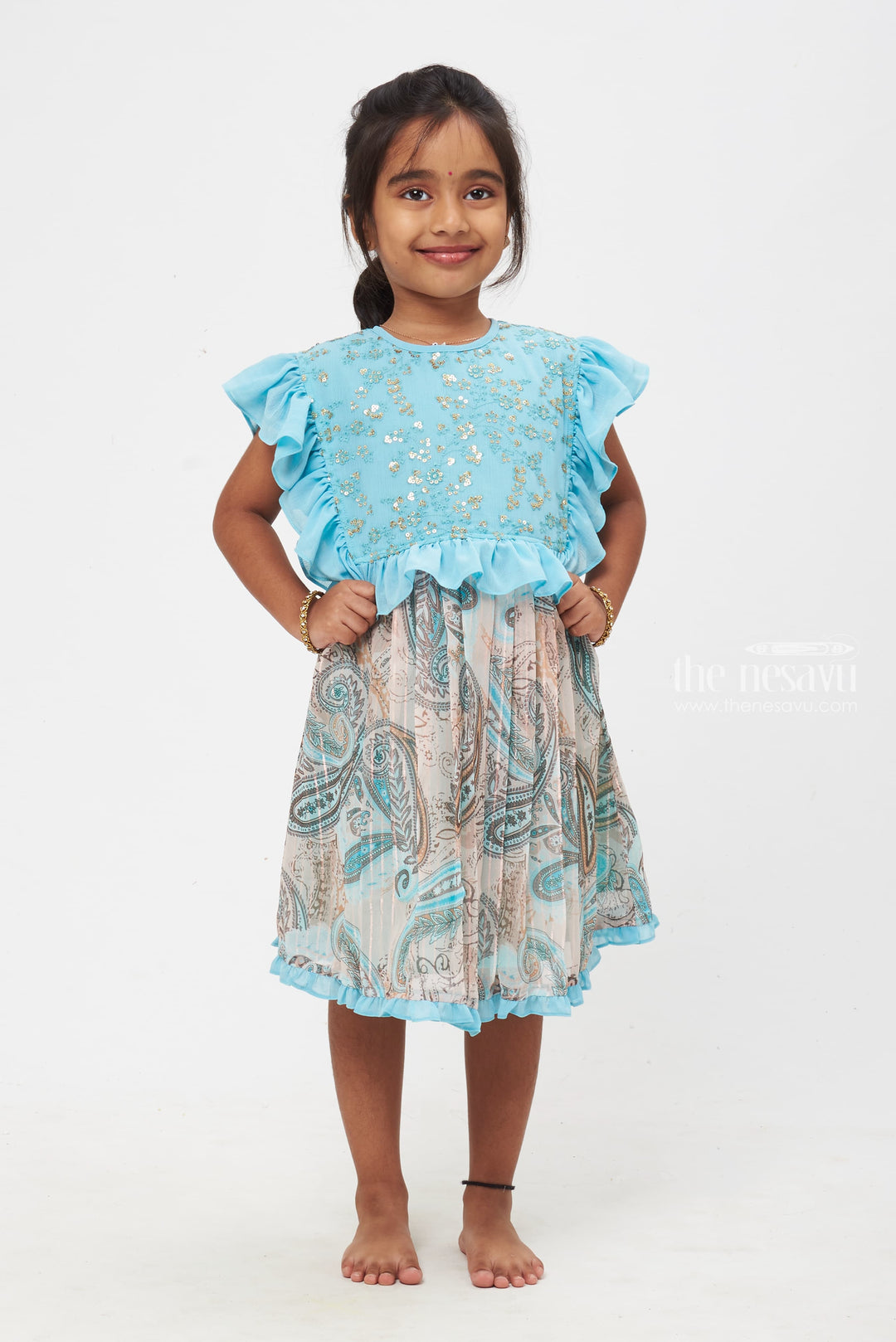 The Nesavu Girls Cotton Frock Elegant Paisley Patterned Turquoise Frock for Girls Nesavu 22 (4Y) / Turquoise / Georgette GFC1164A-22 Exquisite Paisley-Printed Turquoise Frock | Tradition Meets Modernity | The Nesavu