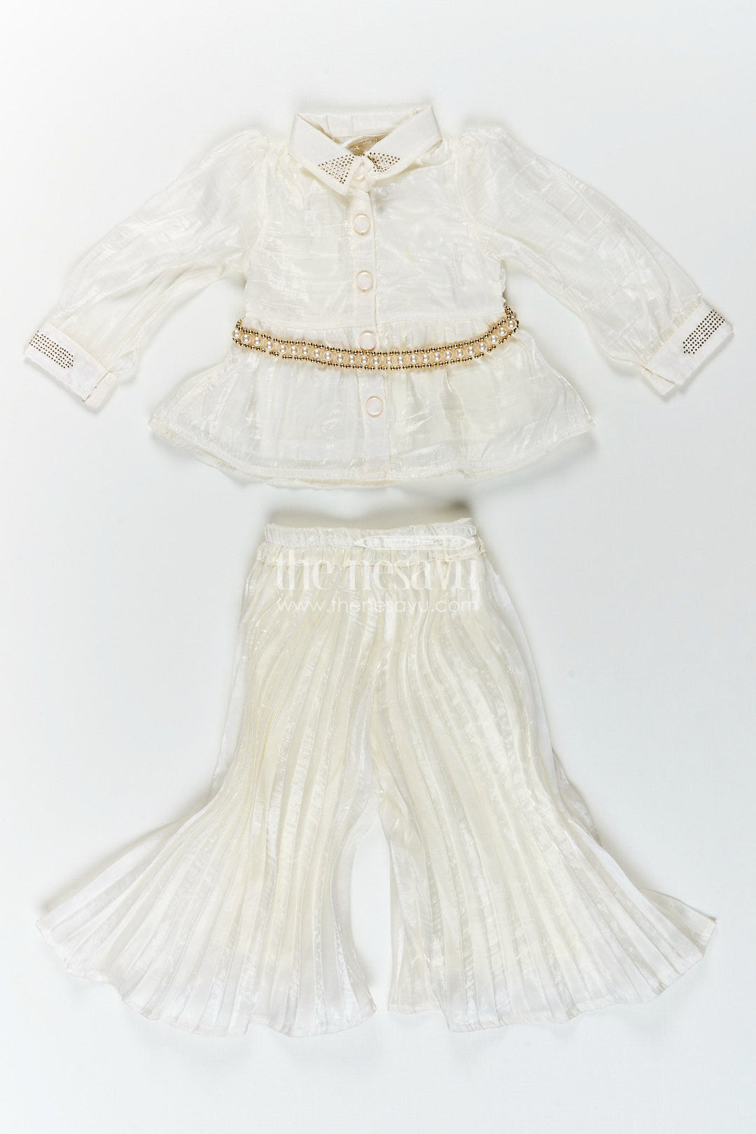 The Nesavu Elegant party set for toddler girls with collar top and pleated pants Nesavu 18 (2Y) / Half white GPS830A-18 Nesavu party set toddler girls pleated pants collared top  ideal evening celebrations