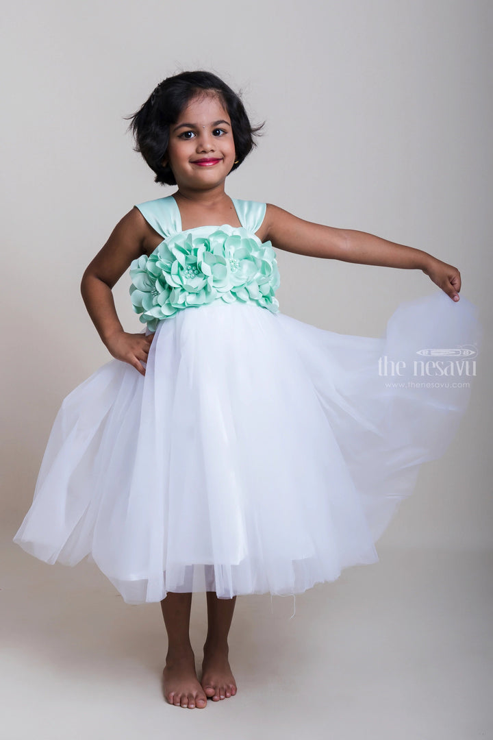 The Nesavu Girls Tutu Frock Elegant Pastel Green Floral Yoke With Soft White Net Party Frock for Birthdays Nesavu 16 (1Y) / White PF96B-16