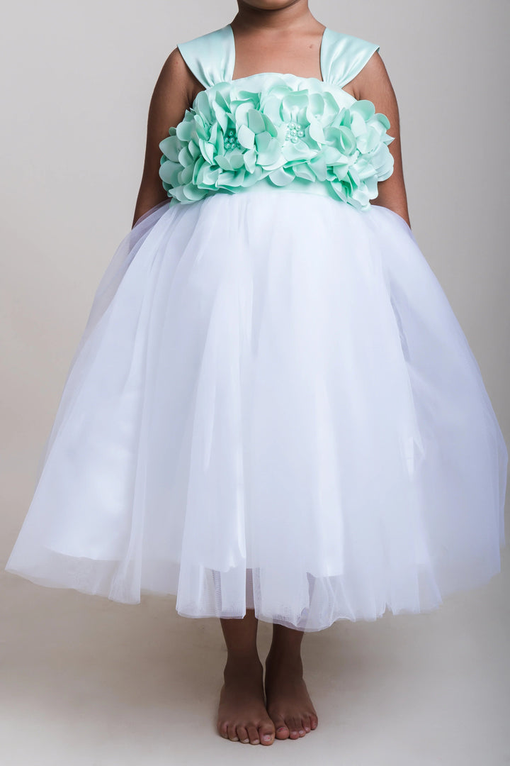 The Nesavu Girls Tutu Frock Elegant Pastel Green Floral Yoke With Soft White Net Party Frock for Birthdays Nesavu