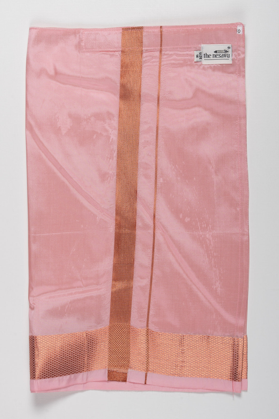 The Nesavu Boys Vesti Elegant Peach Silk Blend Boys Dhoti with Copper Geometric Borders Nesavu 14 (6M) / Pink / Blend Silk D009F-14 Peach Boys Dhoti with Copper Detailing | Elegant Traditional Festival Attire | The Nesavu